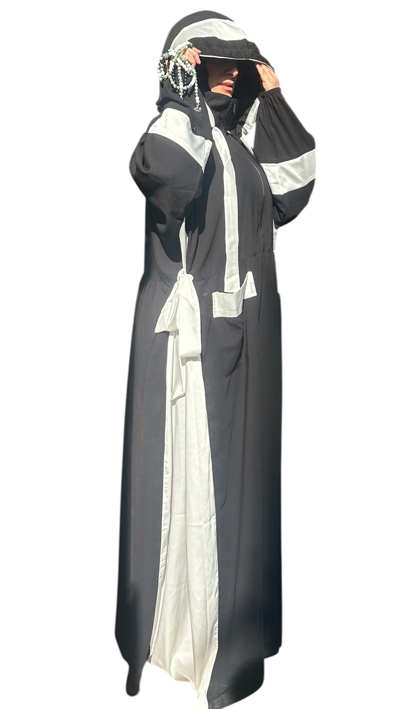 BLACK & WHITE SILK ABAYA.