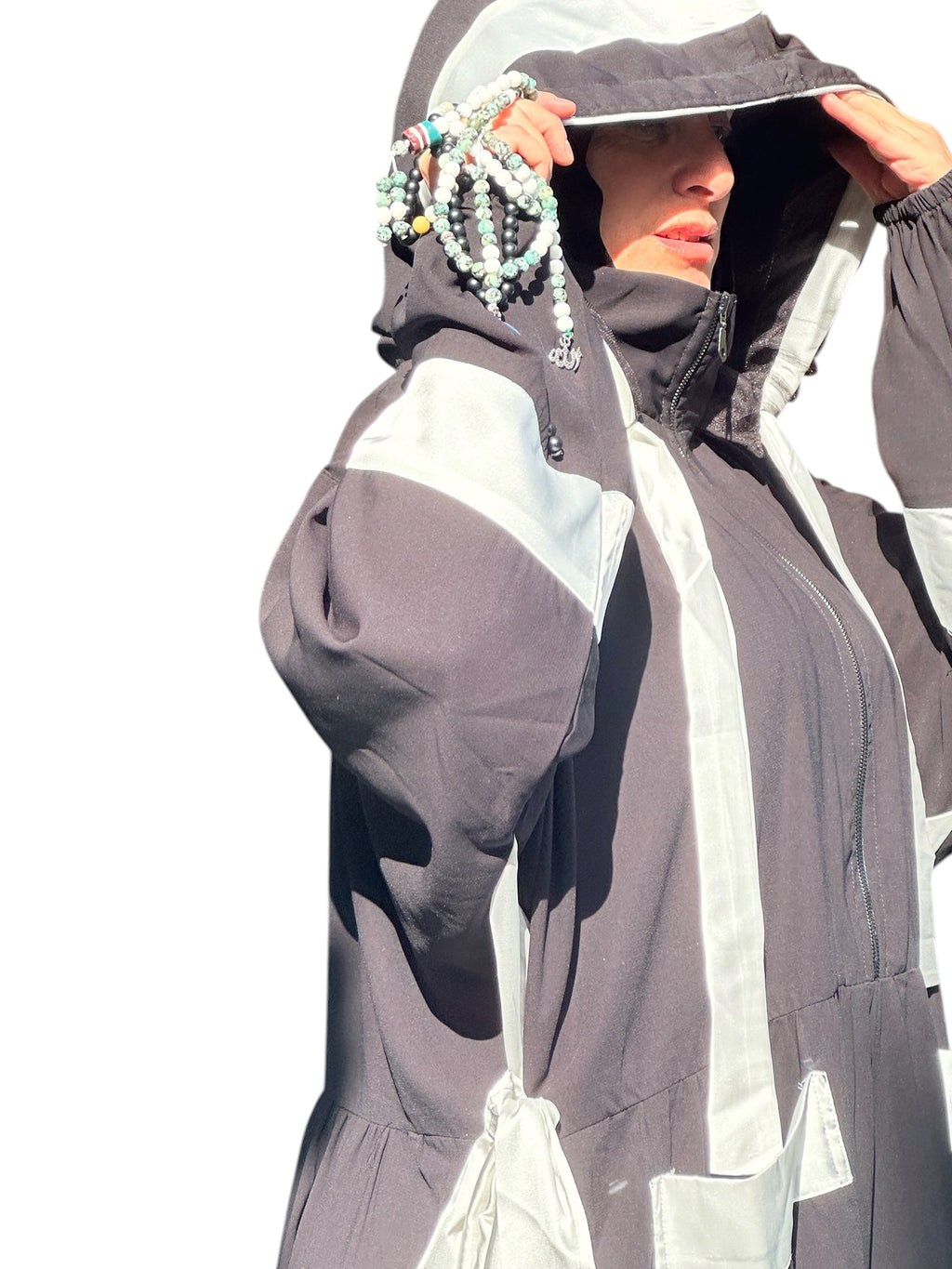 BLACK & WHITE SILK ABAYA.