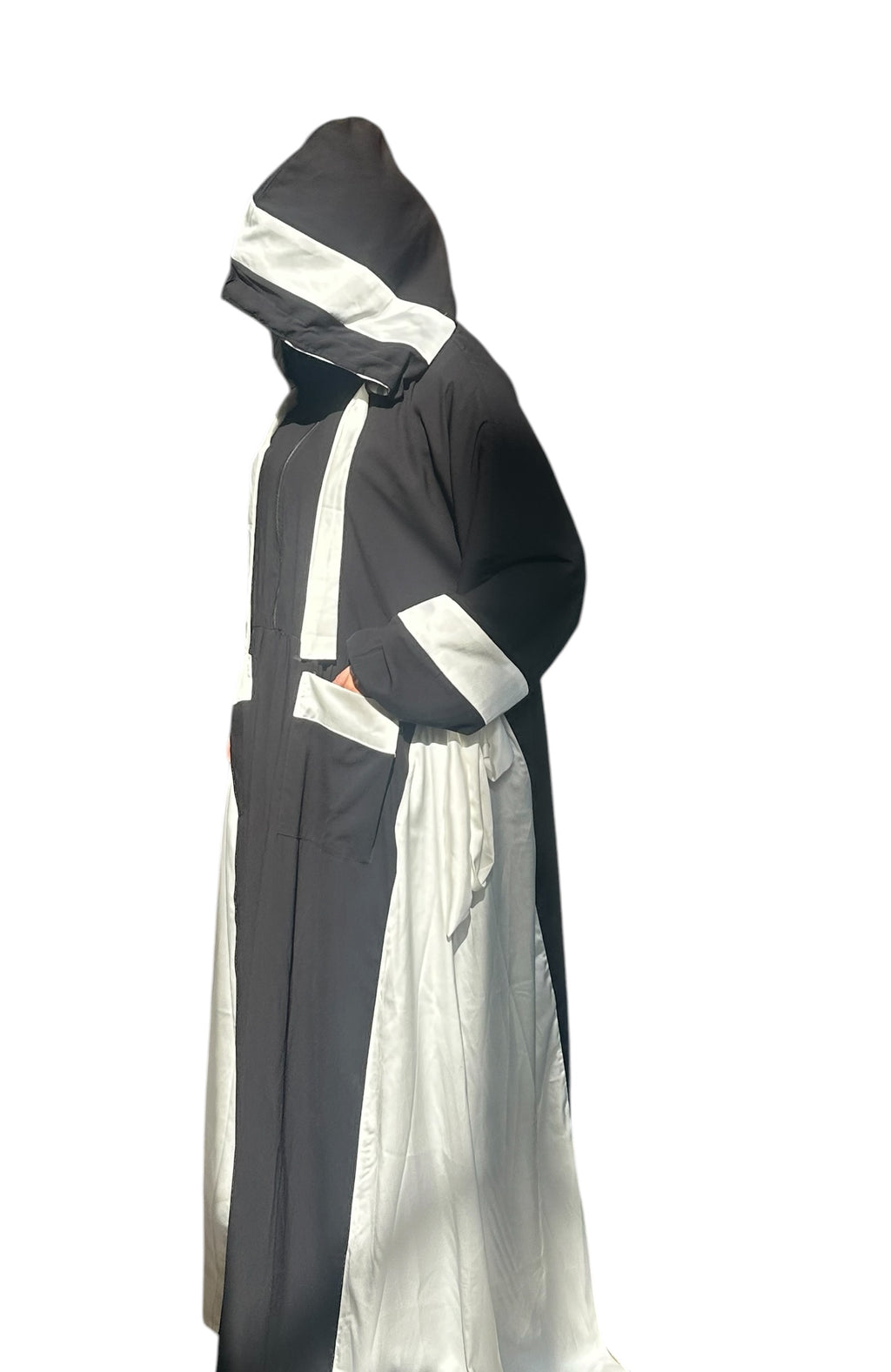 BLACK & WHITE SILK ABAYA.