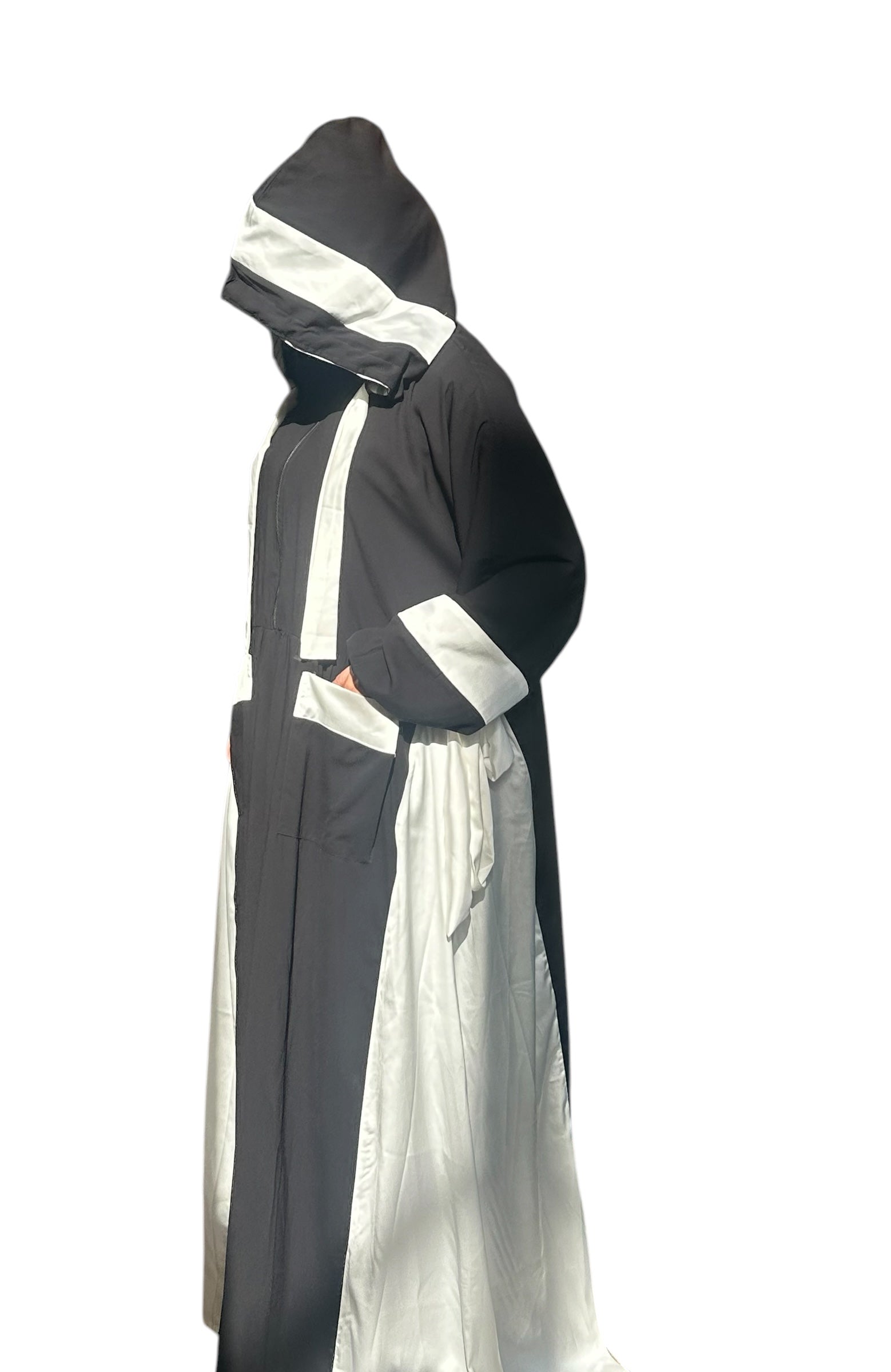 BLACK & WHITE SILK ABAYA.