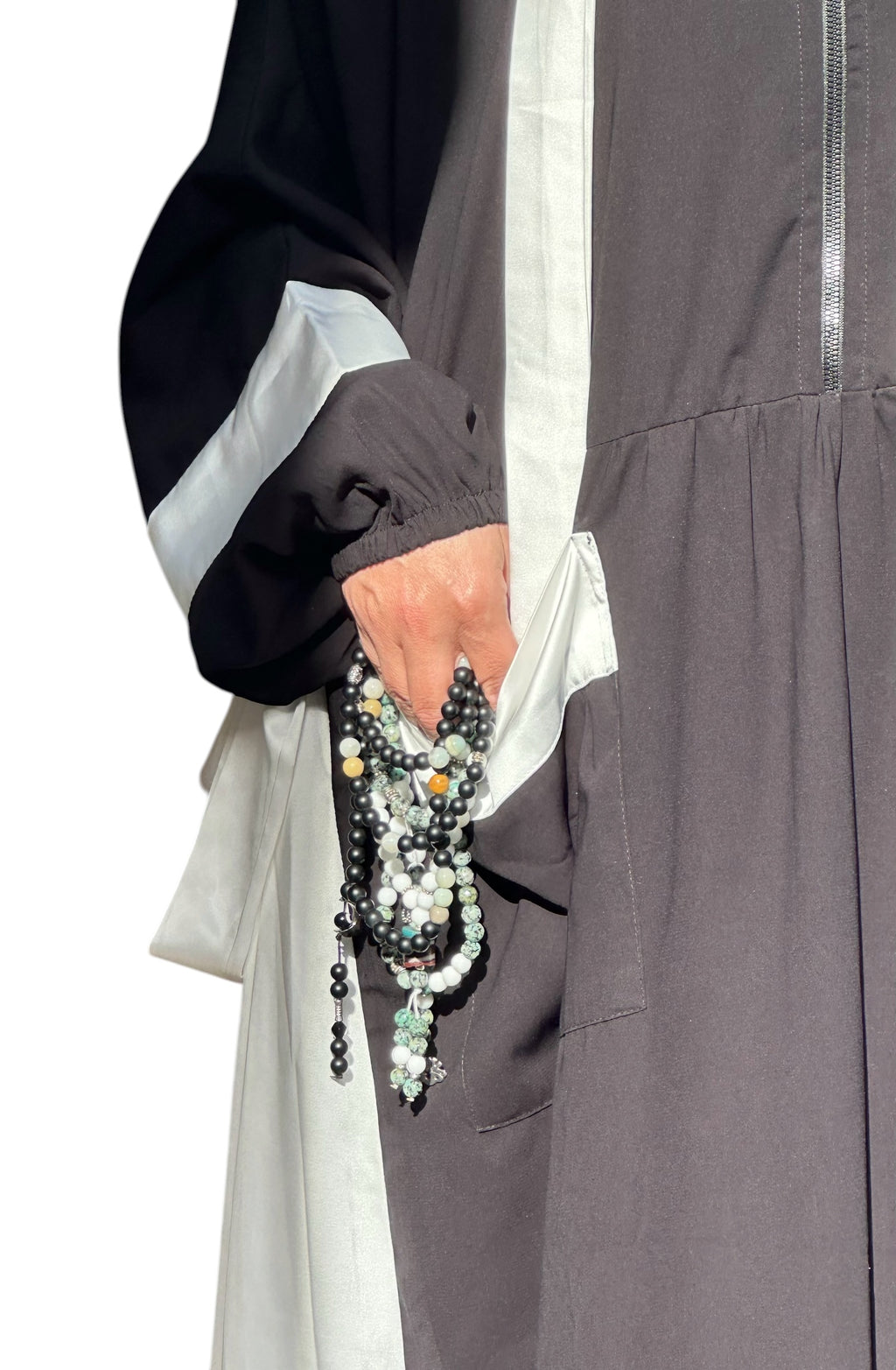 BLACK & WHITE SILK ABAYA.